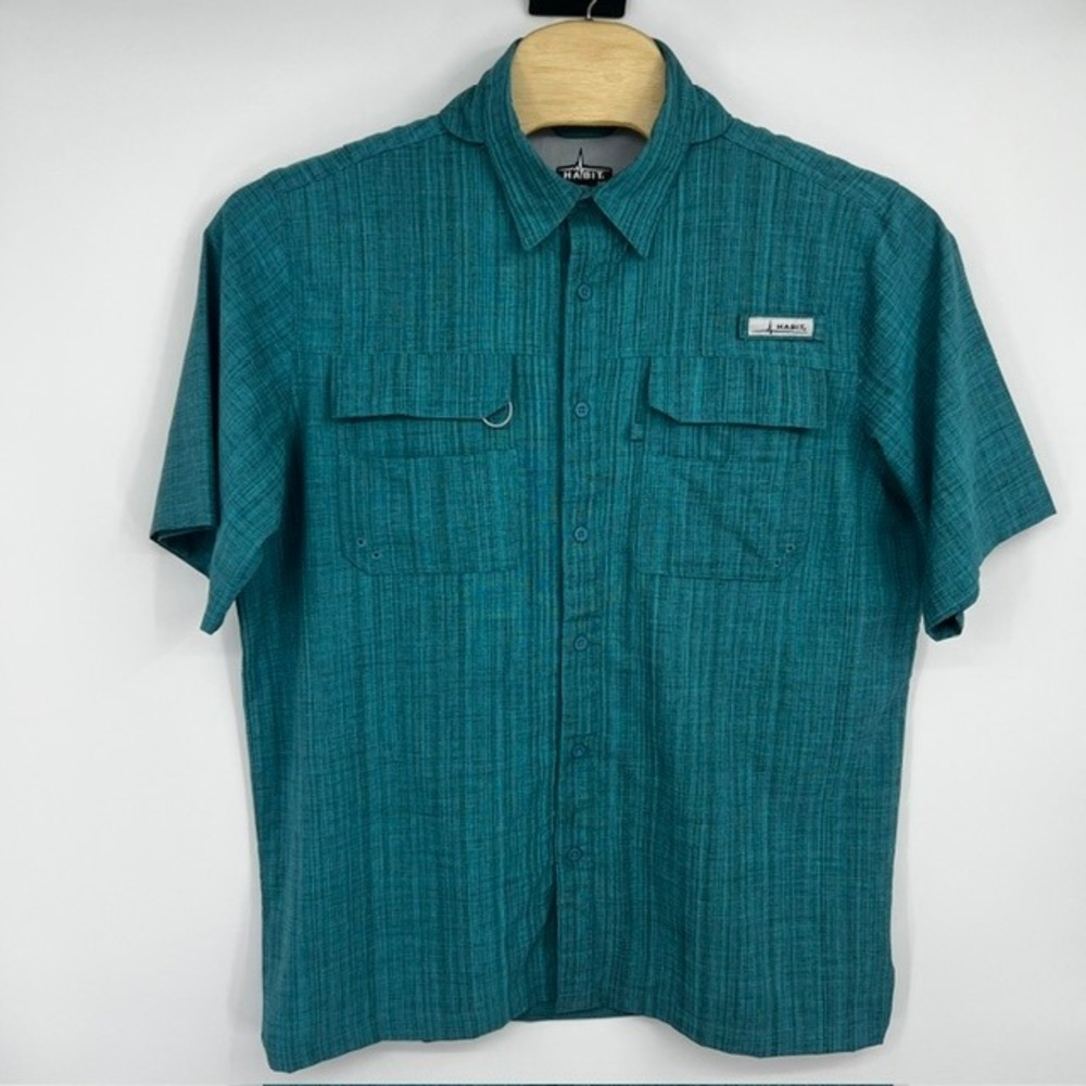 Habit Men's Large Teal Short Sleeve Button Up Fishing Shirt UPF 40+